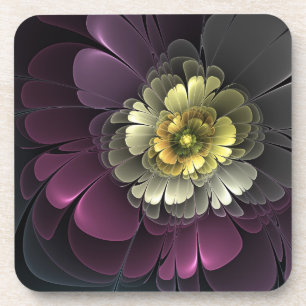 Dessous-de-verre Fleur fractale grise et pourpre moderne abstraite