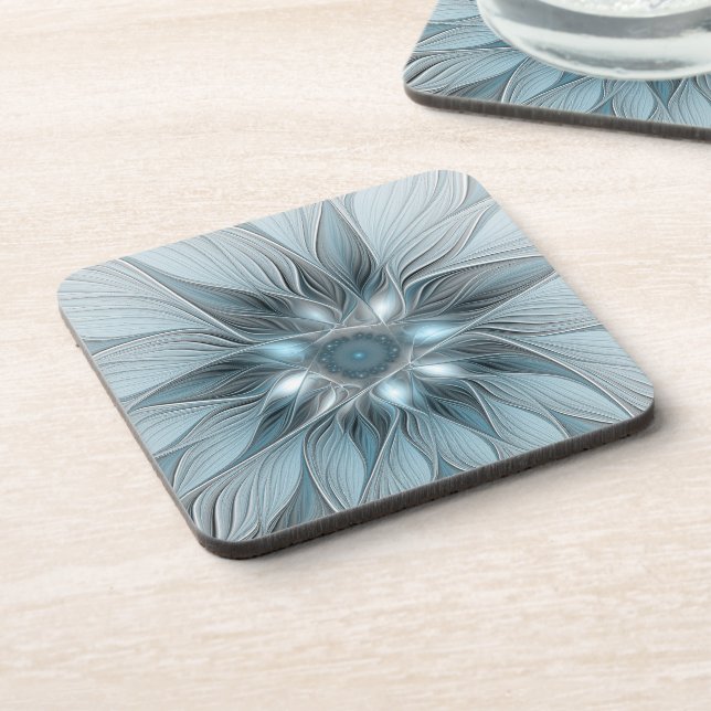 Dessous-de-verre Fleur joyeuse abstraite florale fractale bleue gri (Côté gauche)