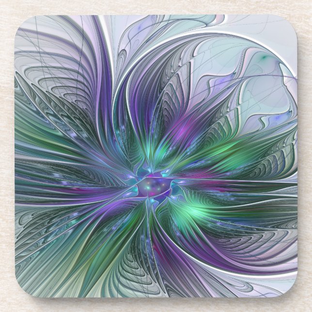 Dessous-de-verre Fleur verte abstraite moderne d'art fractal violet (Devant)