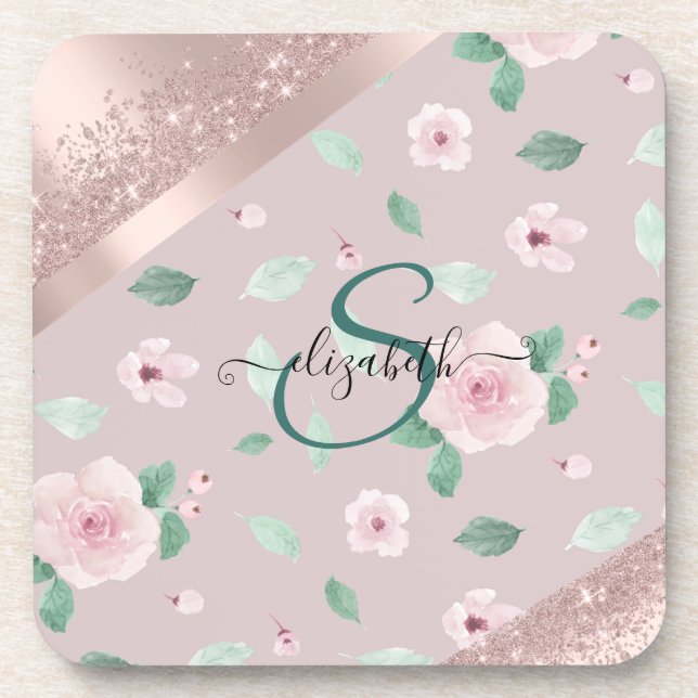 Dessous-de-verre Fleurs Aquarelle Monogramme Or Rose (Devant)