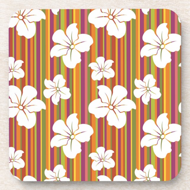Dessous-de-verre Fleurs blanches sur un arrière - plan rayé (Devant)