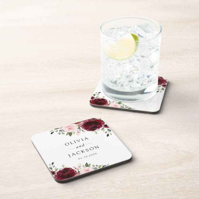 Dessous-de-verre Fleurs Bourgogne, Fleurs roses, Verdure, Mariage (Côté Droit)