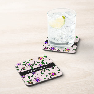 Dessous-de-verre Fleurs Colorées, Fond Rose, Noir
