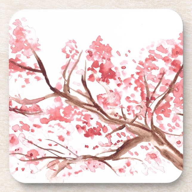 Dessous-de-verre Fleurs de cerisier rose aquarelle Sakura (Devant)