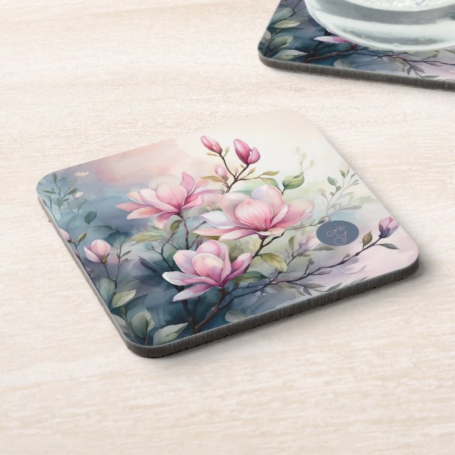 Dessous-de-verre Fleurs de magnolia rose botanique monogrammé (Côté gauche)