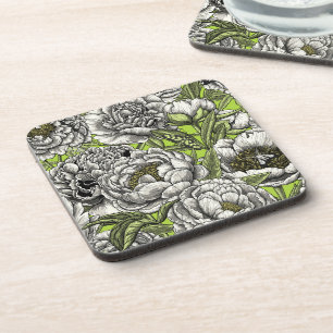 Dessous-de-verre Fleurs de paeonies blanches et papillons de nuit
