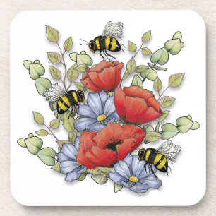Dessous-de-verre Fleurs de pavot et dessin numérique de abeilles, b