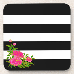 Dessous-de-verre Fleurs de pivoine sur rayures noires et blanches