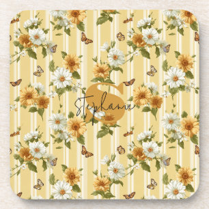 Dessous-de-verre Fleurs de soleil et papillons sur bandes jaunes (3