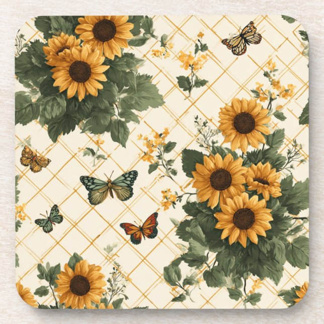 Dessous-de-verre Fleurs de soleil et papillons sur Jaune clair (Devant)