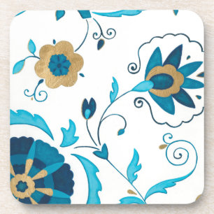 Dessous-de-verre Fleurs dorées d'indigo avec l'arrière - plan blanc