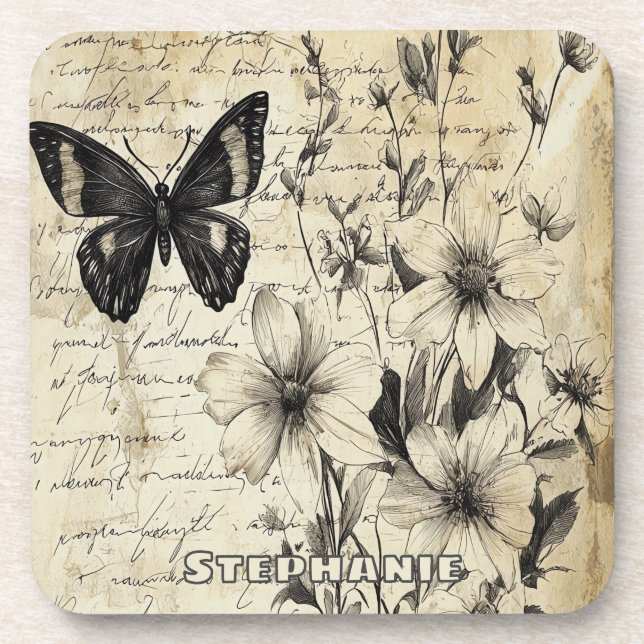 Dessous-de-verre Fleurs et papillons rustiques - Papier vieilli (1) (Devant)