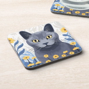Dessous-de-verre Fleurs Jaunes Chat Bleu Russe