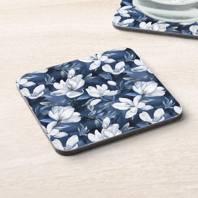 Dessous-de-verre Fleurs Magnolia Blanches, Arrière - plan Bleu (Côté gauche)