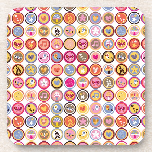 Dessous-de-verre fleurs mignonnes, oiseaux, motif de coeurs (Devant)