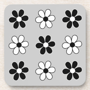 Dessous-de-verre Fleurs modernes noires et blanches sur gris argent