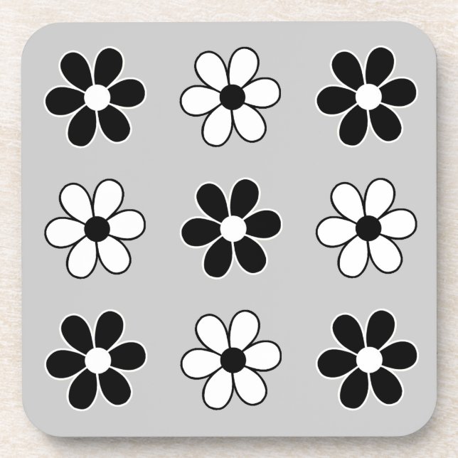 Dessous-de-verre Fleurs modernes noires et blanches sur gris argent (Devant)