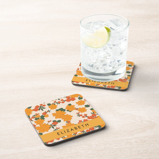 Dessous-de-verre Fleurs Oranges, Motif De Fleurs, Votre Nom (Côté Droit)