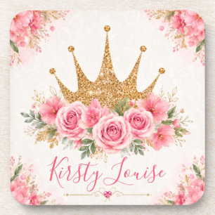 Dessous-de-verre Fleurs roses à l'aquarelle et diadème doré
