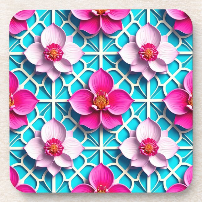 Dessous-de-verre Fleurs roses sur fond bleu géométrique (Devant)