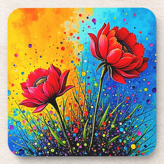 Dessous-de-verre Fleurs rouges vibrantes - Impression Pop Art (Devant)