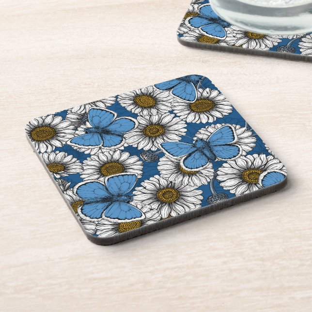 Dessous-de-verre Fleurs sauvages blanches et papillons bleus (Côté gauche)