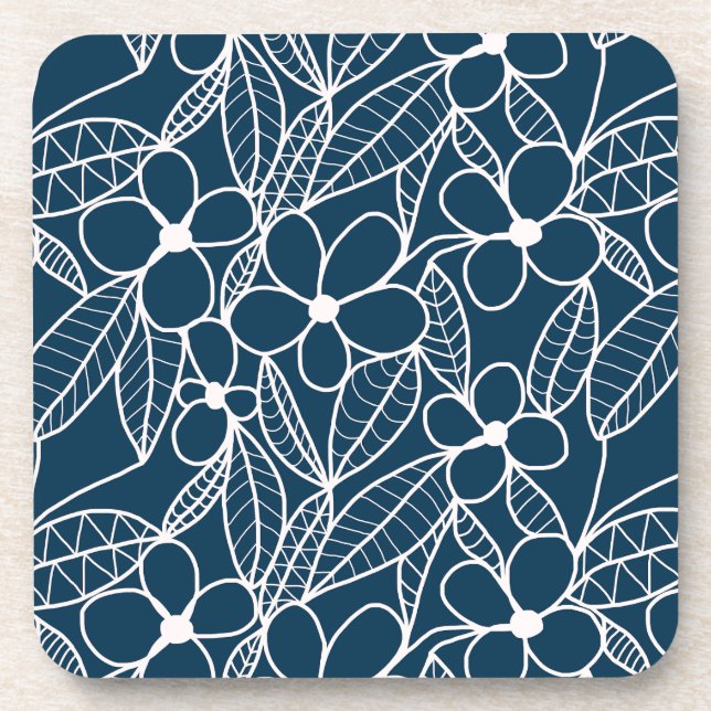 Dessous-de-verre Fleurs tropicales bleu foncé et blanc (Devant)