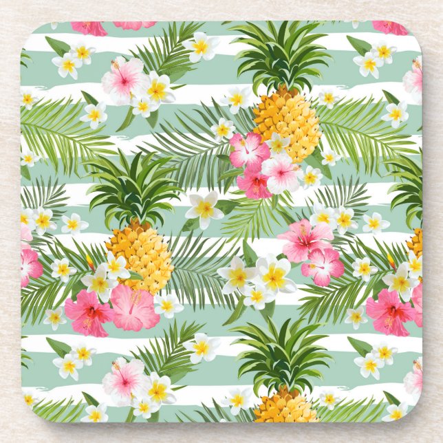Dessous-de-verre Fleurs tropicales et ananas sur des bandes Turquoi (Devant)