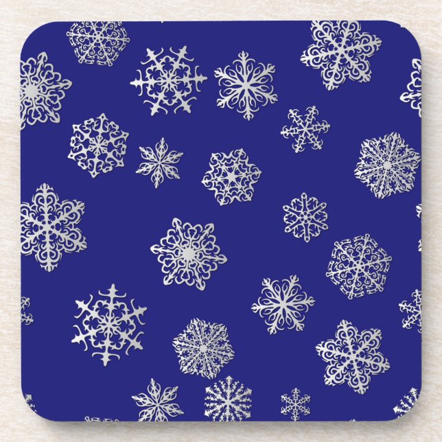 Dessous-de-verre Flocons d'argent sur fond bleu foncé (Devant)