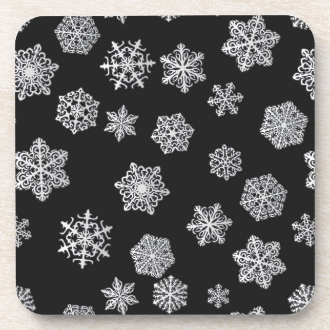 Dessous-de-verre Flocons d'argent sur fond noir (Devant)