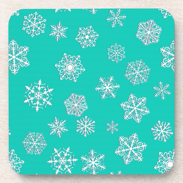 Dessous-de-verre Flocons de neige 3D blancs sur fond turquoise (Devant)