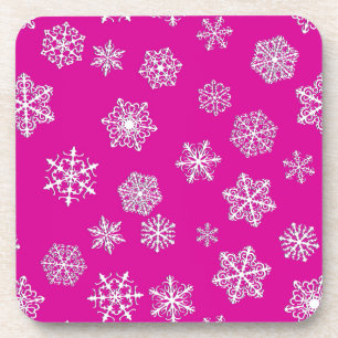 Dessous-de-verre Flocons de neige 3D blancs sur un fond rose fuchsi