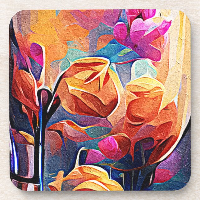 Dessous-de-verre Floral Abstract Art Orange Red Blue Flowers (Devant)