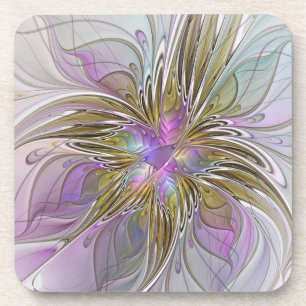 Dessous-de-verre Floral Coloré Abstrait Fractal Avec Rose & Or