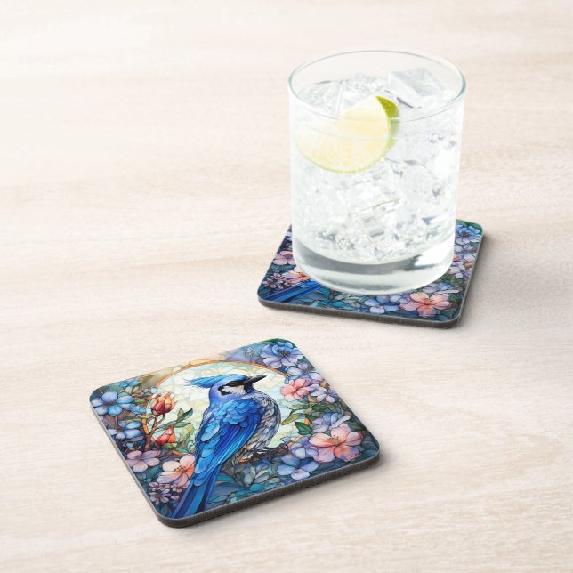 Dessous-de-verre Floral rose Bleu Jay Vitrail (Côté Droit)