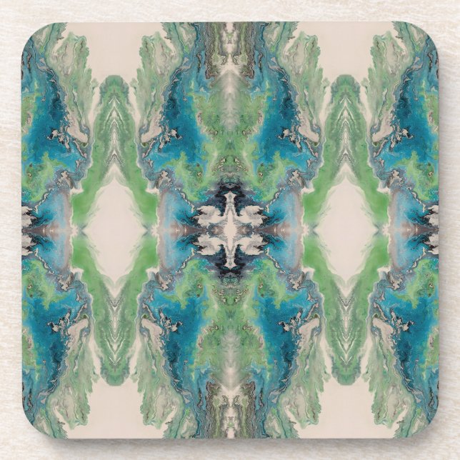 Dessous-de-verre Fluide Artistique Abstrait en Aqua et Vert (Devant)