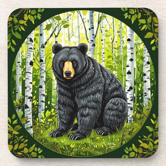 🐻 Dessous de verre Forêt de bouleau Ours noir Cad (Devant)
