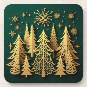 Dessous-de-verre Forêt de vacances dorées – Motif d'arbre de Noël
