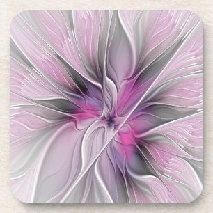 Dessous-de-verre Fractal Floral Moderne Abstrait Fleur Rose Gris