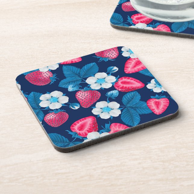 Dessous-de-verre Fraises roses sur bleu (Côté gauche)