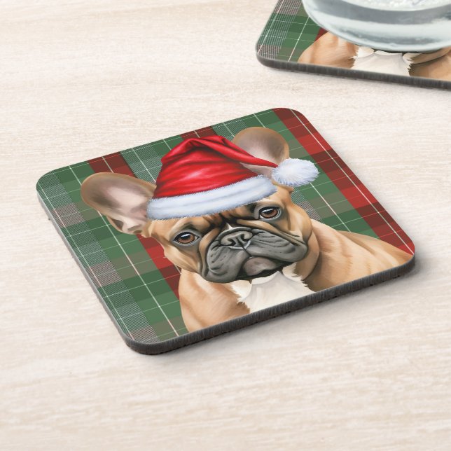 Dessous-de-verre French Bulldog with Red and Green Holiday Plaid (Côté gauche)