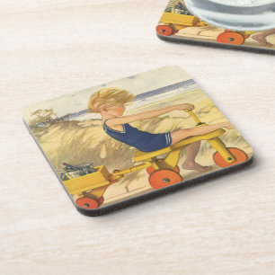 Dessous-de-verre Garçon vintage jouant à la plage avec des jouets d