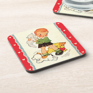 Dessous-de-verre Garçon vintage sauvant un chaton des chiots de cou