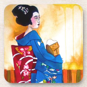 Dessous-de-verre Geisha japonais avec kimono bleu