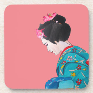 Dessous-de-verre Geisha japonais mignon avec fleurs de cerisier