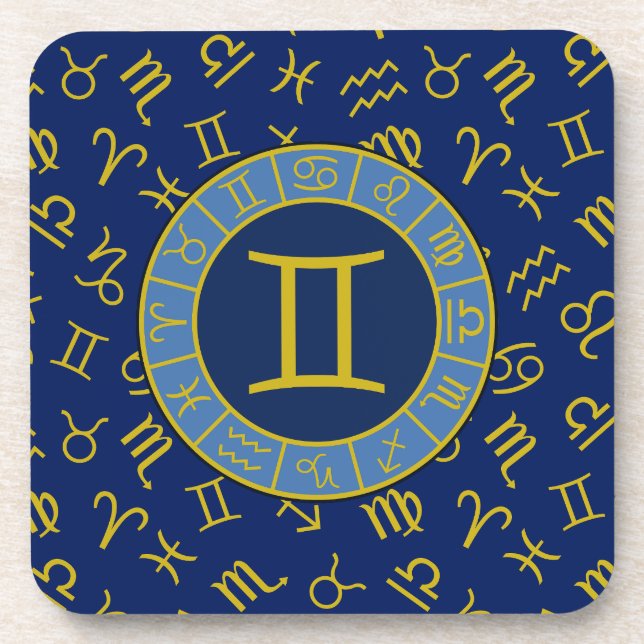 Dessous-de-verre Gemini Zodiac+Astrologie Symboles Motif Gold+Blues (Devant)