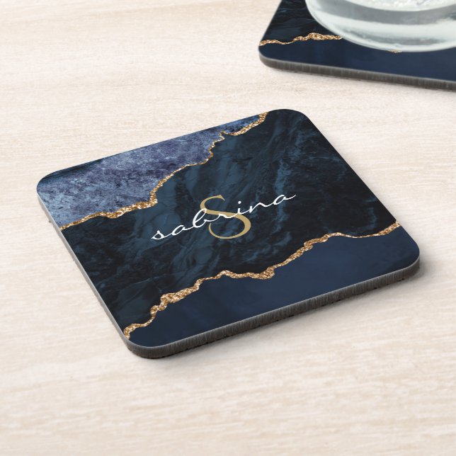 Dessous-de-verre Géode d'âge d'or bleu monogramme (Côté gauche)