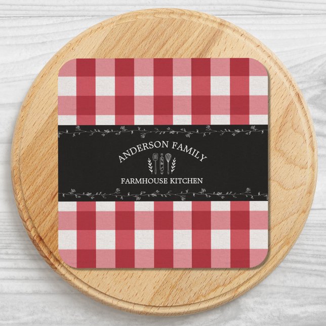 Dessous-de-verre Gingham Rouge Campagnard Rustique Tableau Noir (Close up)