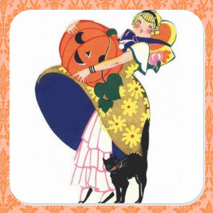 Dessous-de-verre Girl Carrying Pumkin with Black Cat
