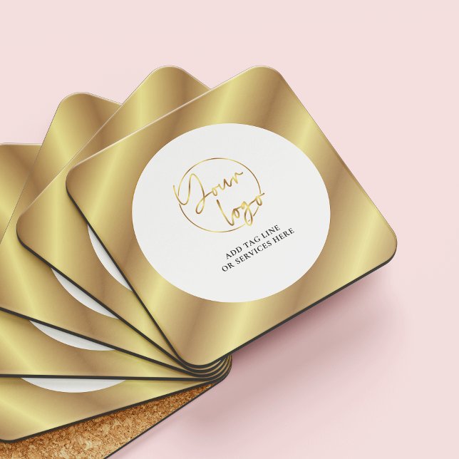 Dessous-de-verre Gold Logo Modern Business Marketing Cadeau d'entre (White and gold business logo branded drink coasters)